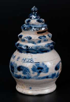 Exceptional Stoneware Bank w/ Stepped Finial and Floral Decoration Inscribed 