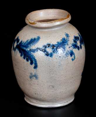 Rare Small Ovoid Baltimore Stoneware Jar w/ Slip-Trailed Floral Decoration, c1820