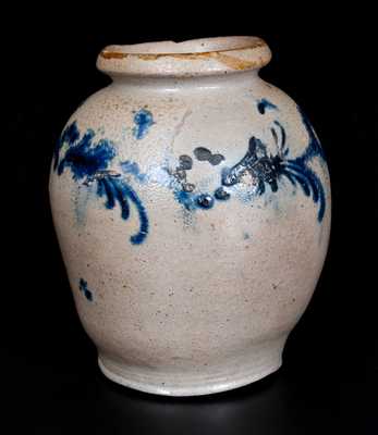 Rare Small Ovoid Baltimore Stoneware Jar w/ Slip-Trailed Floral Decoration, c1820