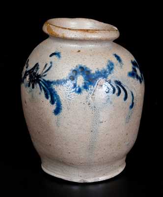 Rare Small Ovoid Baltimore Stoneware Jar w/ Slip-Trailed Floral Decoration, c1820