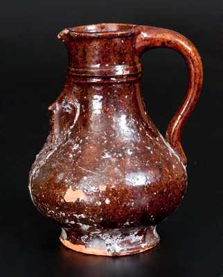 Extremely Rare Glazed Redware Bellarmine Pitcher, probably Frechen, Germany, 16th or 17th century