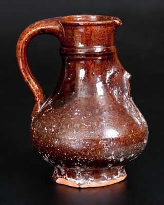 Extremely Rare Glazed Redware Bellarmine Pitcher, probably Frechen, Germany, 16th or 17th century