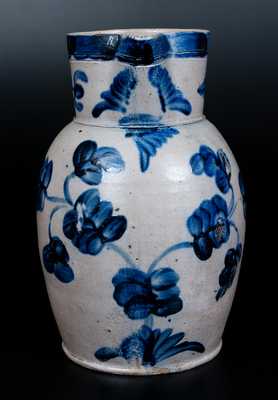 Excellent Baltimore Stoneware Two-Gallon Pitcher w/ Elaborate Cobalt Floral Decoration