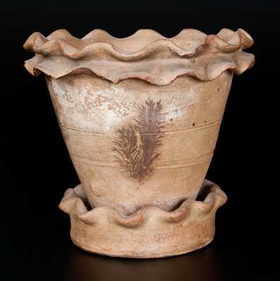 Rare SOLOMON BELL / STRASBURG, VA Redware Flowerpot w/ Crimped Rim and Seaweed Decoration