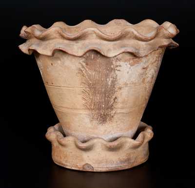 Rare SOLOMON BELL / STRASBURG, VA Redware Flowerpot w/ Crimped Rim and Seaweed Decoration