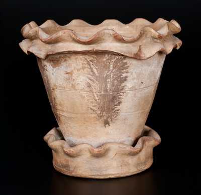 Rare SOLOMON BELL / STRASBURG, VA Redware Flowerpot w/ Crimped Rim and Seaweed Decoration