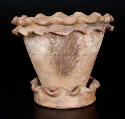 Rare SOLOMON BELL / STRASBURG, VA Redware Flowerpot w/ Crimped Rim and Seaweed Decoration