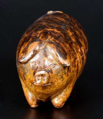 Unusual Rockingham Pig Flask with Manganese Sponging, probably Midwestern, circa 1875-95