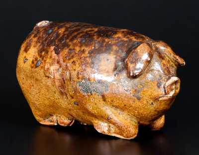 Unusual Rockingham Pig Flask with Manganese Sponging, probably Midwestern, circa 1875-95