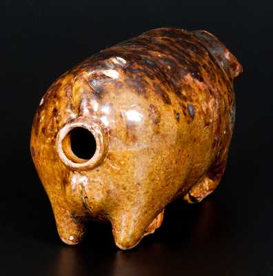Unusual Rockingham Pig Flask with Manganese Sponging, probably Midwestern, circa 1875-95