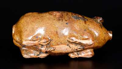 Unusual Rockingham Pig Flask with Manganese Sponging, probably Midwestern, circa 1875-95