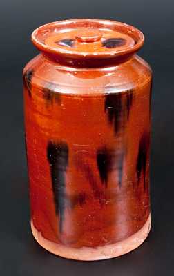 Redware Lidded Jar with Manganese Splotches, Norwalk, CT or Huntington, LI