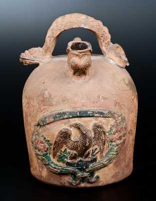 Rare Ohio Cold-Painted Stoneware Serpent-Handled Harvest Jug w/ Applied Eagle Plaque