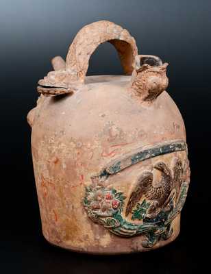 Rare Ohio Cold-Painted Stoneware Serpent-Handled Harvest Jug w/ Applied Eagle Plaque