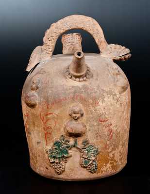 Rare Ohio Cold-Painted Stoneware Serpent-Handled Harvest Jug w/ Applied Eagle Plaque