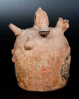 Rare Ohio Cold-Painted Stoneware Serpent-Handled Harvest Jug w/ Applied Eagle Plaque