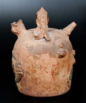 Rare Ohio Cold-Painted Stoneware Serpent-Handled Harvest Jug w/ Applied Eagle Plaque