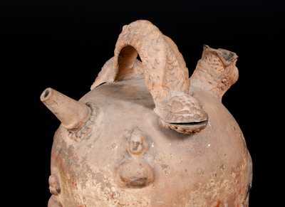 Rare Ohio Cold-Painted Stoneware Serpent-Handled Harvest Jug w/ Applied Eagle Plaque