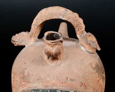 Rare Ohio Cold-Painted Stoneware Serpent-Handled Harvest Jug w/ Applied Eagle Plaque
