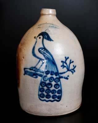 Exceptional COWDEN & WILCOX / HARRISBURG, PA Stoneware Jug w/ Bold Peacock-on-Branch Decoration