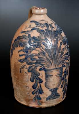 Exceedingly Rare M. & T. MILLER / NEWPORT, PA Stoneware Jug w/ Elaborate Flowering Urn Decoration