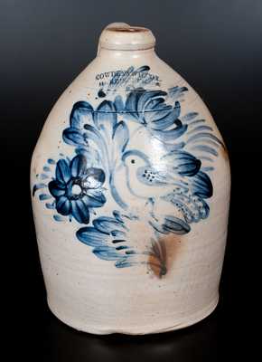 Outstanding COWDEN & WILCOX / HARRISBURG, PA Stoneware Jug w/ Elaborate Bird and Floral Decoration