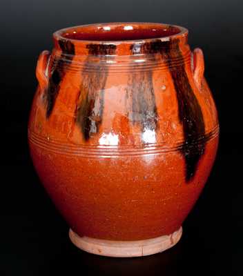 Ovoid New England Redware Jar with Manganese Stripe Decoration, Norwalk, CT or Huntington, LI