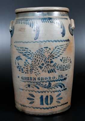 10 Gal. JAS. HAMILTON & CO. / GREENSBORO, PA Stoneware Jar w/ Stenciled Eagle and Freehand Decoration
