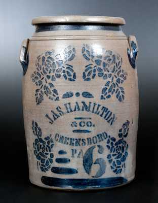JAS. HAMILTON & CO. / GREENSBORO, PA Six-Gallon Stoneware Jar w/ Stenciled Rose Decoration