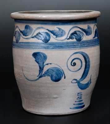 Att. Boughner, Greensboro, PA Stoneware Cream Jar w/ Script 2 and Cobalt Vine Decoration