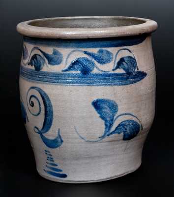 Att. Boughner, Greensboro, PA Stoneware Cream Jar w/ Script 2 and Cobalt Vine Decoration