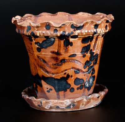 Unusual Redware Flowerpot with Crimped Rim, Tooled Design and Manganese Decoration