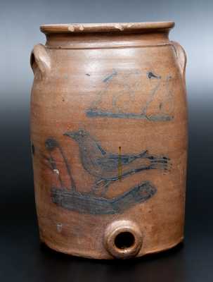 Rare Stoneware Water Cooler w/ Bird-on-Branch and 1878 Date, probably Midwestern