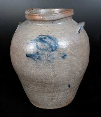 Four-Gallon James River Stoneware Jar w/ Cobalt Floral Decoration and Cobalt Handles