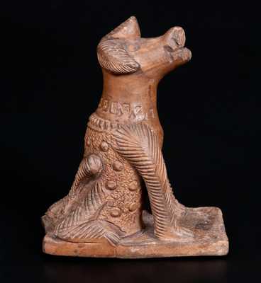 Unusual Unglazed Pottery Dog on Base w/ Elaborate Punched and Scored Decoration, probably Ohio