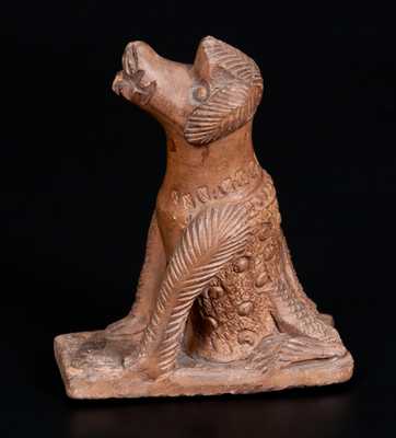 Unusual Unglazed Pottery Dog on Base w/ Elaborate Punched and Scored Decoration, probably Ohio