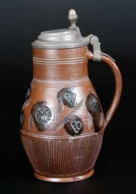 Stoneware Pub Mug w/ Pewter Lid and Impressed and Stamped Designs, Muskau, Germany, late 18th century