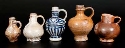 Lot of Five: Early Salt-Glazed German Stoneware Vessels, Raeren, Frechen, and Westerwald origins
