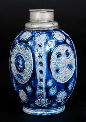 Very Rare Stoneware Bottle w/ Habsurg Armorial Medallion Dated 1598, Westerwald, Germany, 17th century