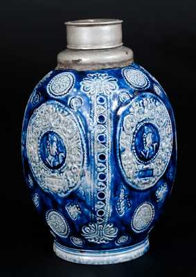 Very Rare Stoneware Bottle w/ Habsurg Armorial Medallion Dated 1598, Westerwald, Germany, 17th century