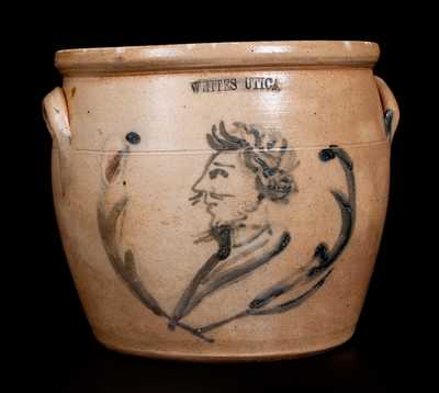 Extremely Rare WHITES UTICA Stoneware Cream Jar w/ Cobalt Decoration of a Man's Bust