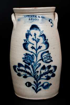 N. CLARK & CO / LYONS Stoneware Churn with Elaborate Cobalt Floral Decoration