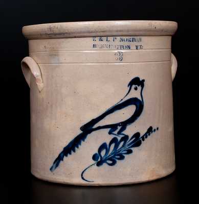 E & L P NORTON / BENNINGTON VT Stoneware Crock with Cobalt Bird Decoration