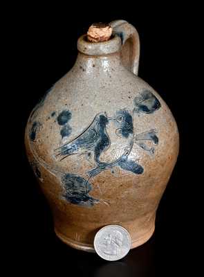 Exceptional Miniature Stoneware Jug w/ Incised Bird on Stump Decoration, probably Connecticut, c1820