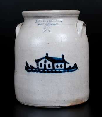A.O. WHITTEMORE. / HAVANA. N.Y Two-Gallon Stoneware Jar w/ House Decoration