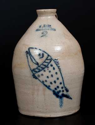 Rare W. HART. / OGDENSBURGH Stoneware Jug w/ Cobalt Fish Decoration