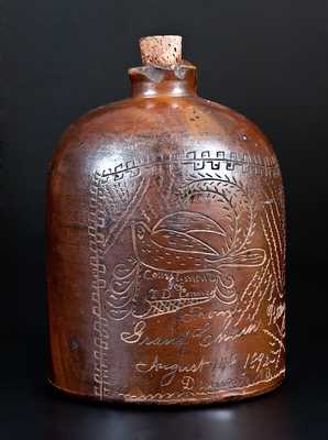 Very Rare Grand Chain Pottery (Illinois) Stoneware Jug w/ Incised Bird Scene and Presentation Inscription, 1892