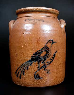 2 Gal. WHITES UTICA Stoneware Jar with Slip-Trailed Bird Decoration