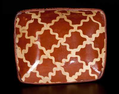 Exceptional PA Redware Loaf Dish w/ Latticework Slip Decoration