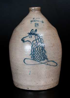 W. HART / OGDENSBURGH Stoneware Jug w/ Slip-Trailed Horse Head Decoration